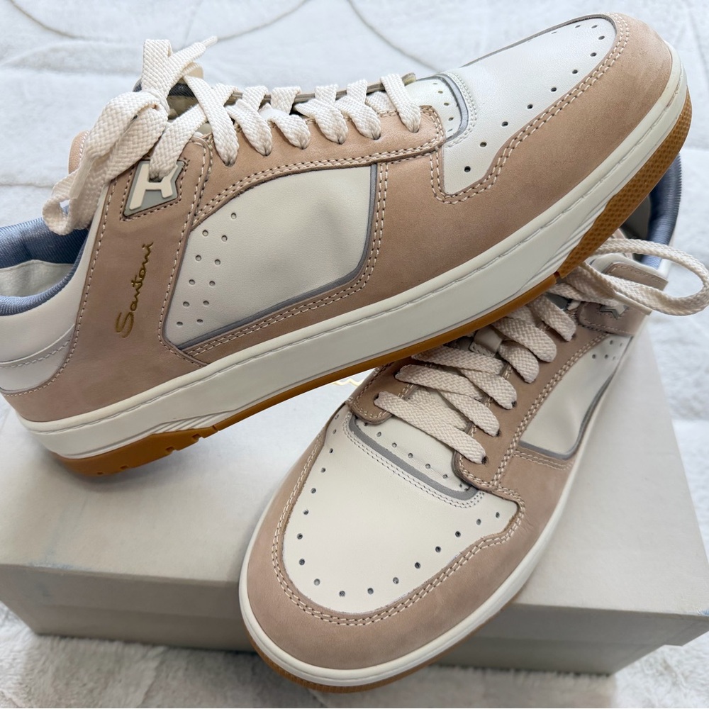 NEW! $750 Santoni “Haniel” Italian Leather Paneled Cream and White Sneakers 10.5